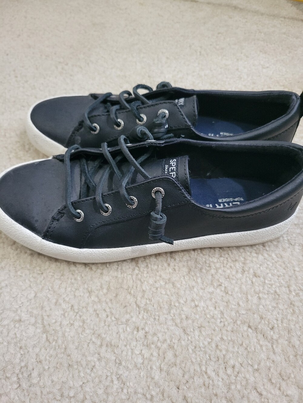 Sperry Crest Vibe Women's Size 8 Black Leather Sneakers Low Top Slip On Shoes